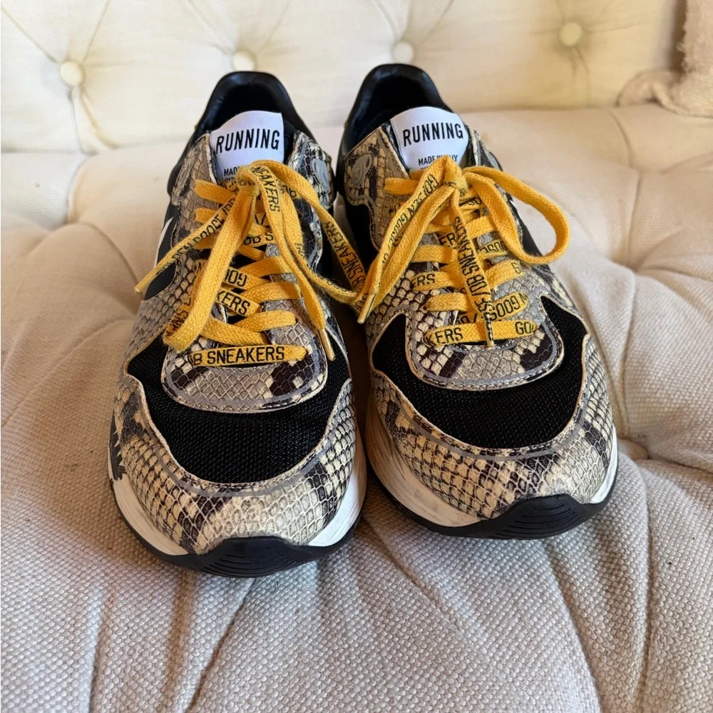 Golden Goose Snake Print Running Sneakers with Yellow Designer Laces